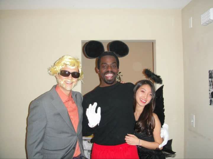 Tripoli in costume with friends at a party