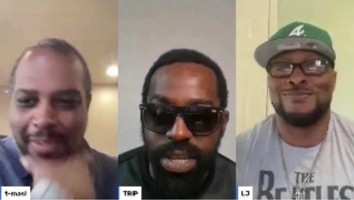Tripoli on a video call with longtime friends t-mad and LJ