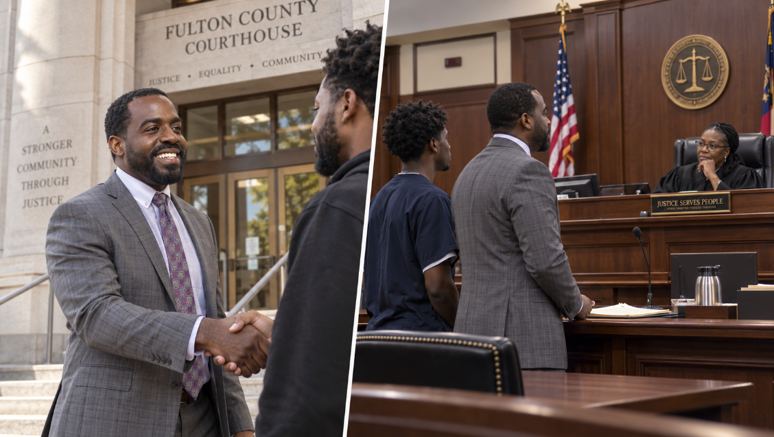 Tripoli at Fulton County Courthouse and representing a client in court